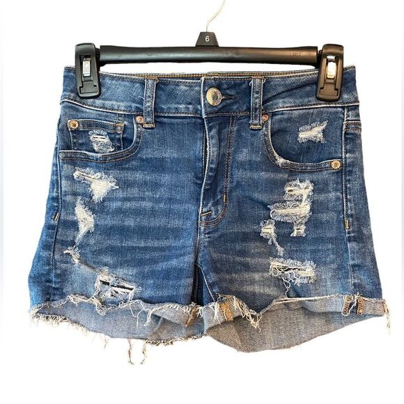 American Eagle Sz 0 Blue Denim Distressed Hi-Rise Shortie Super Stretch Shorts - Picture 1 of 7